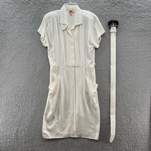 VTG 80s Katie Dress Women 14 Off White Knee Length Hip Pockets Shoulder Pad Midi